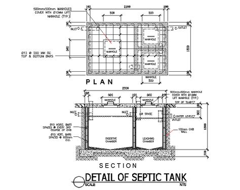 Detail of septic tank plan autocad file, plan and section detail, dimension detail, namign detail, main hole detail, foundation detail, pipe outlet and inlet detail, water level detail, etc. Plumbing Layout Plan, Septic Tank Installation, Septic Tank Design, Commercial Building Plans, Revit Tutorial, Septic Tank Systems, Section Detail, Tank Drawing, Plumbing Layout