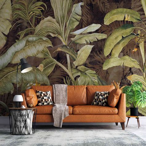 Nostalgic Rainforest With Vintage Banana Leaf Wallpaper Mural | Etsy Wallpaper Art Deco, Elephant Wallpaper, Jungle Mural, Palm Trees Wallpaper, Stick Wall Art, Banana Leaf Wallpaper, Dinosaur Wallpaper, Palm Wallpaper, Jungle Wallpaper