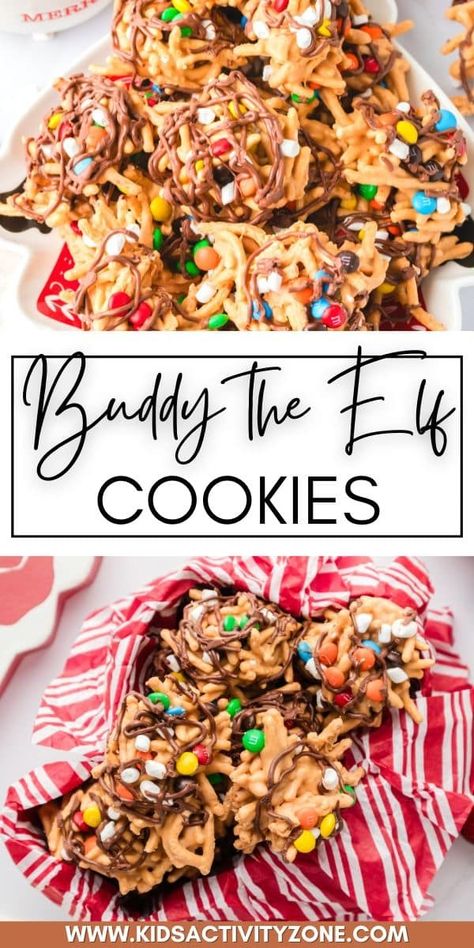 Do your kids LOVE the move "Elf" at Christmas? Now you can make these delicious no-bake Buddy the Elf Cookies to pair with their favorite movie! A fun twist on classic haystack cookies with the Elf's favorite candy. This will be your favorite Christmas recipe in no-time. Elf Snacks Parties Food, Elf Baking Cookies, Elf Inspired Food, Christmas Movie Cookies, Elf Movie Food Ideas, Buddy The Elf Cookies, Elf Party Food, Buddy The Elf Spaghetti, The Elf Movie