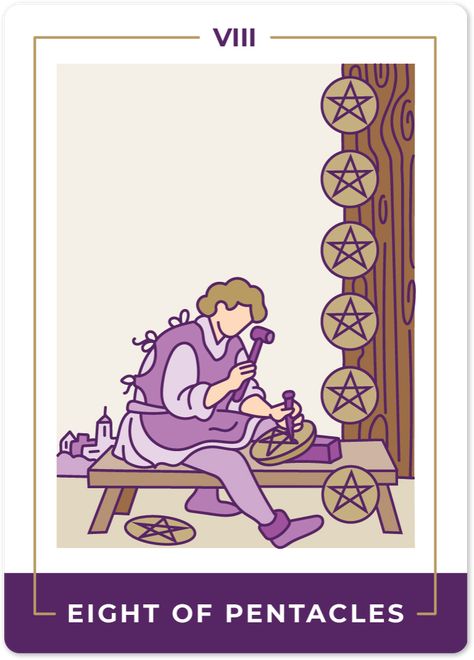 Eight of Pentacles Tarot Card Meanings | Biddy Tarot Eight Of Pentacles Tarot, Eight Of Pentacles, Page Of Pentacles, Biddy Tarot, Free Tarot Cards, Pentacles Tarot, Study Cards, Tarot Book, Further Education