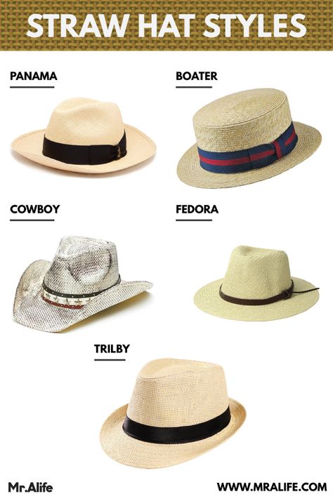 Read this article and find out what are the differences between Panama, Boater, Cowboy, Fedora and Trilby hat. Get some new ideas of straw hat outfit for this summer. #strawhat #panama #boater #cowboy #fedora #trilby Brown Straw Fedora, Panama Hat Men Outfit, Mens Summer Hats Beach, Straw Hat Outfit Men, Trilby Hat Women Outfits, Straw Hat Summer Outfit, Fedora Summer Outfit, Fedora Hat Outfit Summer, Boater Hat Outfit