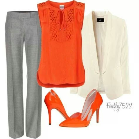 Luv Black Panta, Orange Top Outfit, Grey Pants Outfit, Dress Pants Outfits, Pants Cream, White Dress Pants, Cream Jacket, Orange Outfit, Work Dresses For Women