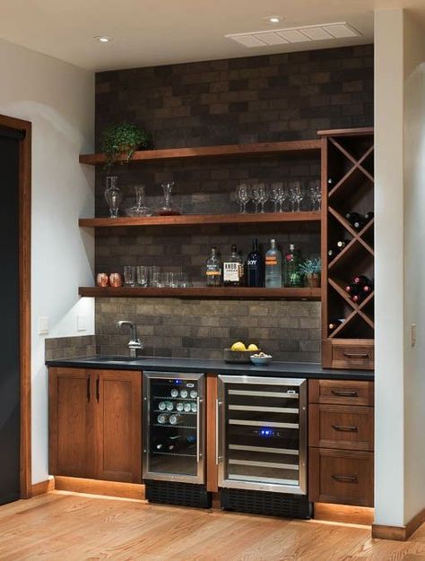 Compact Bar Ideas, Wet Bar With Green Cabinets, Back Wall Bar Ideas, Dry Bar Ideas In Closet, Bar Feature Wall Design, Basement Lighting Ideas Dark Rooms, Open Shelving Bar Area, Rustic Wet Bar Ideas, Walk Up Bar Basement