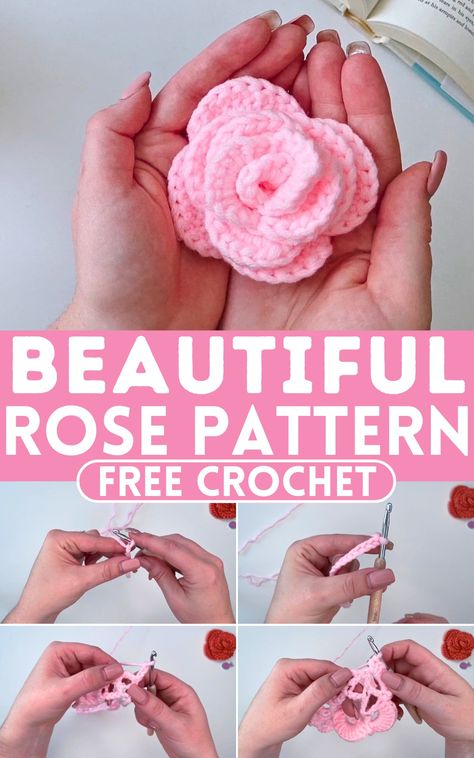 Soft & Cute Crochet Beautiful Rose Pattern Crochet Rose Motif, Rose Crochet Pattern Free, Crochet Roses Free Pattern, Diy Crochet Rose, Hands Dance, Free Crochet Rose Pattern, Diy Tree Ornaments, Headband Pattern Free, Crochet Flower Hat