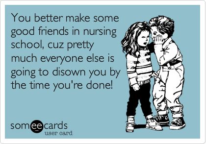 You better make some good friends in nursing school, cuz pretty much everyone else is going to disown you by the time you're done! Nursing School Friends Quotes, Nursing School Friends, School Friends Quotes, Nursing School Memes, Nursing Funny, It Memes, Nursing Student Humor, Nursing Things, Nursing School Prerequisites