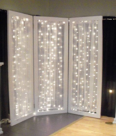 Each panel is 32 inches wide and 85 inches tall. Includes 3 panels with hinges, curtain rods, curtains, and 6 sets of white lights Room Divider With Lights, Drape Room Divider, Using A Curtain As A Room Divider, Creative Room Dividers Curtains & Drapes, Room Divider Party Backdrop, Privacy Walls Indoor, Room Divider Wedding Backdrop, Room Dividers Diy, Room Divider Ideas Diy Cheap