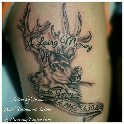 Deer hunting memorial tattoo Grandpa Hunting Tattoos, Deer Antler Memorial Tattoo, Deer Memorial Tattoo Grandpa, Hunting Memorial Tattoos, Deer Memorial Tattoo, Bow Hunting Tattoos, Dean Tattoo, Deer Hunting Tattoos, Buck Tattoo