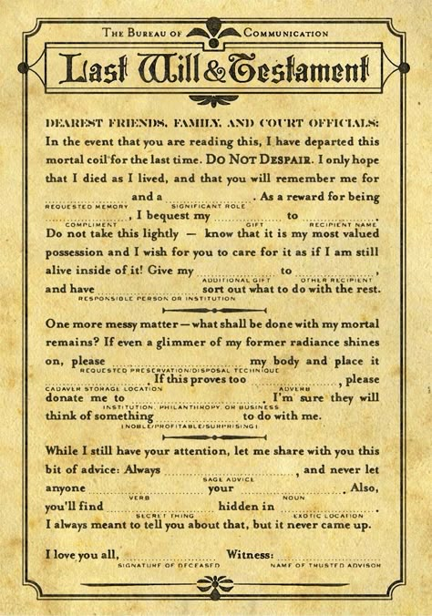 Last Will and testament Fill in the blanks from the Formal Notices Bureau of Communication -  They have a lot of these fun forms, one for every occasion or eventuality. Funny Awards Certificates, Funny Certificates, Funny Awards, Estate Planning Checklist, Emergency Binder, Last Will And Testament, Will And Testament, My Wish For You, Planning Checklist