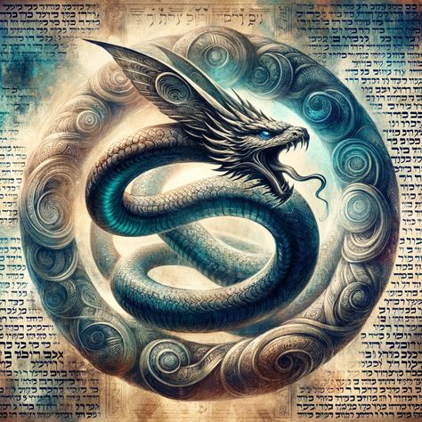 An artistic depiction of Leviathan as a serpent symbol, intertwined and coiling, with ancient Hebrew script in the background to represent its biblical origin. The serpent should have intricate scales and a formidable appearance, blending with an ethereal, mystical background that evokes the sense of ancient scriptures. Love In Bible, Ancient Scriptures, Ancient Hebrew, Sea Serpent, Sacred Text, Art And Literature, Sea Monster, The Serpent, The Old Testament