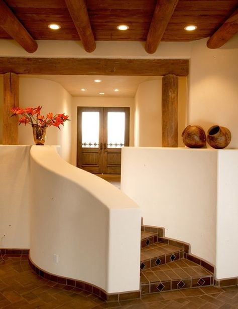 SANTA FE STYLE HOME, Oro Valley, AZ. LOT 77 - Contemporary - Staircase - Phoenix - by Weststarr Custom Homes,LLC. | Houzz Santa Fe Interior Design, Modern Santa Fe Style, Country Style Design, Pueblo Revival, Santa Fe Style Homes, Wood Fireplace Surrounds, Valley House, Home Entry, Contemporary Southwest