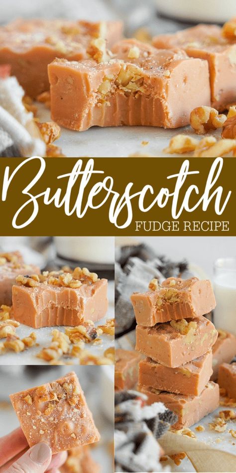 Easy Butterscotch Fudge Recipe! Smooth and Creamy Butterscotch Fudge with condensed milk! If you are looking for recipes with butterscotch chips, make this easy no-bake fudge! This is the PERFECT Fudge recipe for Fall and Christmas but you can make it all year long! #butterscotchrecipes #butterscotch #fudge #nobakefudge Butterscotch Fudge Condensed Milk, Butterscotch Christmas Treats, Sweet Condensed Milk Fudge, Butterscotch Candy Recipe, Quick And Easy Fudge Recipes, Butterscotch Fudge Recipes, Easy 2 Ingredient Fudge, Fun Fudge Recipes, Butterscotch Fudge Easy