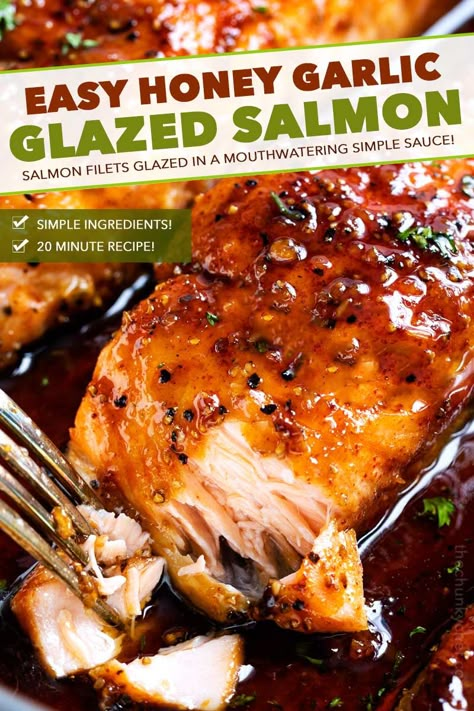 HONEY GARLIC SALMON - Succulent and tender salmon filets cooked in a mouthwatering simple honey garlic sauce, then broiled until sticky and caramelized.  Made with simple ingredients, in one pan, and in just 20 minutes! #salmon #honeygarlic #onepan #easyrecipe #dinner #seafood #fish Honey Garlic Glazed Salmon, Honey Salmon Recipes, Broiled Salmon Recipes, Salmon Recipes Pan Seared, Salmon Recipes Baked Healthy, The Chunky Chef, Salmon Filets, Honey Glazed Salmon, Salmon Glaze Recipes