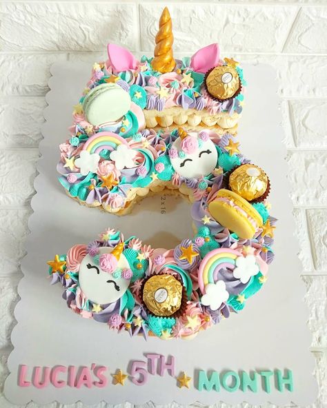 ✨🦄Unicorn Theme Number Cake🦄✨ cake siz Number Cake Ideas, Number Cookie Cake, Unicorn Number Cake, Number 5 Cake, Savory Cakes, Unicorn Birthday Cake, Salty Cake, Unicorn Cupcakes, Number Cake