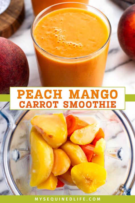 A peach mango carrot smoothie in a glass and with the ingredients added to a blender before pureeing. Frozen Mango Smoothie Recipes, Frozen Fruit Smoothie Recipes, Peach Mango Smoothie, Baby Smoothies, Frozen Fruit Smoothie, Mango Smoothie Recipes, Carrot Smoothie, Peach Smoothie, Juice Smoothies Recipes