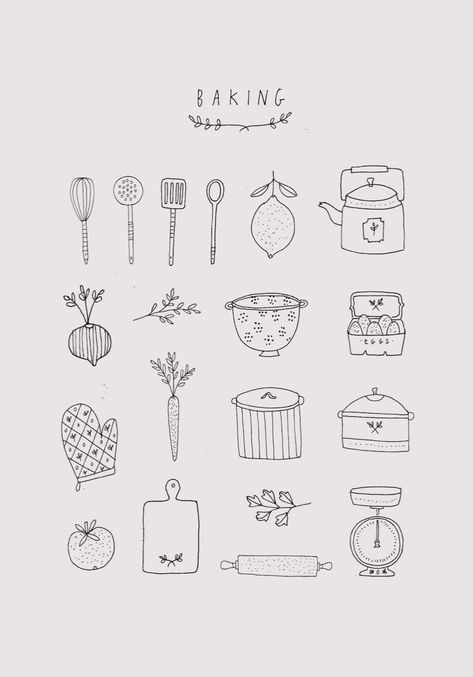 Baking Illustration Drawings, Baking Book Design, Food Illustration Recipe, Recipe Journal Ideas Layout, Bake Illustration, Cooking Doodles, Baking Doodles, Aesthetic Recipe Book, Tattoo Kitchen