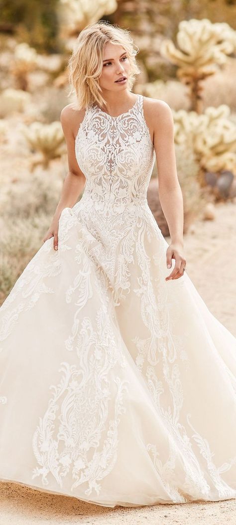 #Ad Sottero and Midgley wedding dress TOVAH. Romantic lace motifs cascade over layers of sparkle tulle in this ballgown, completing the illusion halter neckline with a sheer sweetheart neckline and sheer back. Embellished with sequins for a chic and shimmery feel. From the Fall 2019 bridal collection, available at @maggiesottero. #SotteroandMidgley #MidgleyBride #mylovestory #Wedding #WeddingDress #WeddingDresses #WeddingGown #WeddingGowns #Bridal #Bride #Sleeveless #BallGown #Lace #Halterneck Off White Halter Wedding Dress, Vintage Tea Length Wedding Dress Lace, Wedding Dresses With Covered Back, Aline Wedding Dress Halter Top, Lace Illusion Neckline Wedding Dress, A Line Halter Wedding Dress Plus Size, Wedding Dresses Covered Chest, A Line Style Wedding Dresses, Wedding Dress Aline Lace