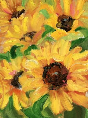 size: 12x9in Art Print: Along the Trail II by Sandra Iafrate : Thick Paint Flowers, Sunflower Oil Pastel, Sunshine Drawing, Abstract Art Flowers, Sunflower Prints, Sunflower Paintings, Orange Artwork, Painting Sunflowers, Fall Paintings