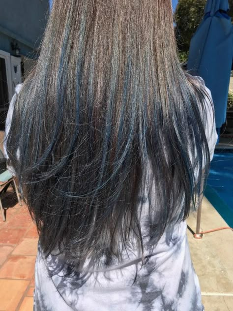 Dark Blue Hair Underneath Brown, Single Blue Streak In Hair, Dark Blue Streaks In Brown Hair, Dark Blue Streaks In Black Hair, Blue Tinted Hair, Dark Blue Hair With Light Blue Streaks, Brown And Blue Hair, Blue Highlights In Brown Hair, Blue Hair Streaks