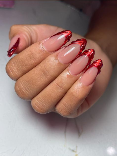 Wine Red Nails Designs Art, Red Chrome French Tip Nails Almond, Ruby Nails Design, Red Chrome Valentine Nails, Red Nails Inspo 2024, Red Nail Designs Almond, Red Chrome French Tip Nails, Red French Tip Almond Nails, Red Almond Nails Designs