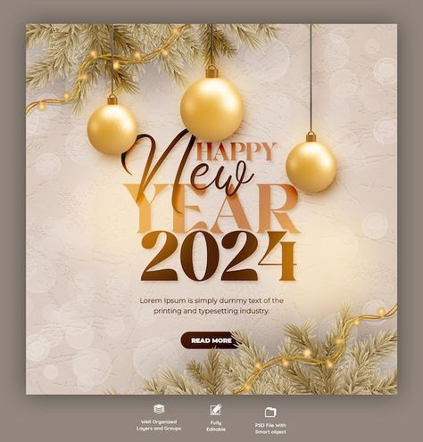 Celebration Social Media Post, Happy New Year Banner Design, Happy New Year Poster Design, New Year Social Media Post, Happy New Year Poster, 2024 Celebration, New Year Post, Decoration Event, Social Media Post Design