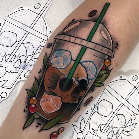 Halloween Coffee Tattoo, Neo Traditional Ghost Tattoo, Brain In A Jar Tattoo, Traditional Style Skull Tattoo, Coffee Skull Tattoo, Iced Coffee Tattoo Ideas, Ghost And Coffee Tattoo, Ice Coffee Tattoo, Salt Shaker Tattoo