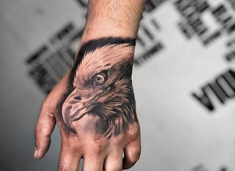 Eagle Hand Tattoo, Egal Tattoo, Eagle Tattoo On Hand, Tiger Hand Tattoo, Meaningful Tattoos For Men, Side Hand Tattoos, Colour Tattoo For Women, Eagle Face, Colour Tattoo