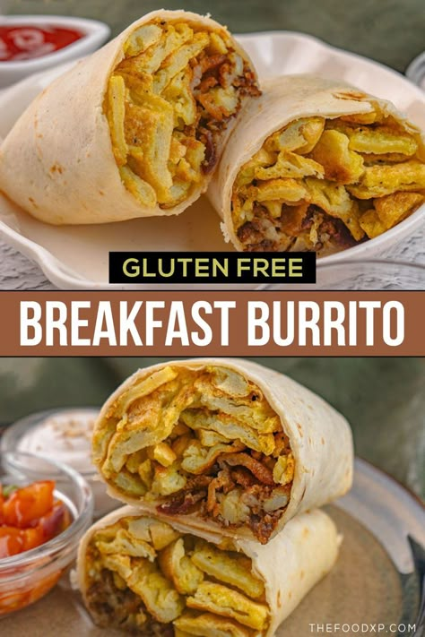 Image of a Gluten-Free Breakfast Burrito sliced open to reveal a filling of scrambled eggs, sautéed vegetables, crispy bacon, and melted cheese, all wrapped in a gluten-free tortilla. This hearty and flavorful recipe is perfect for a satisfying and allergy-friendly start to the day. Egg Free Breakfast Burritos, Hashbrown Burrito, Burger King Breakfast Burrito, Easy Mexican Breakfast Ideas, Burrito Recipe Healthy, Camping Breakfast Burritos, Breakfast Empanadas, Burger King Breakfast, Breakfast Burrito Recipe