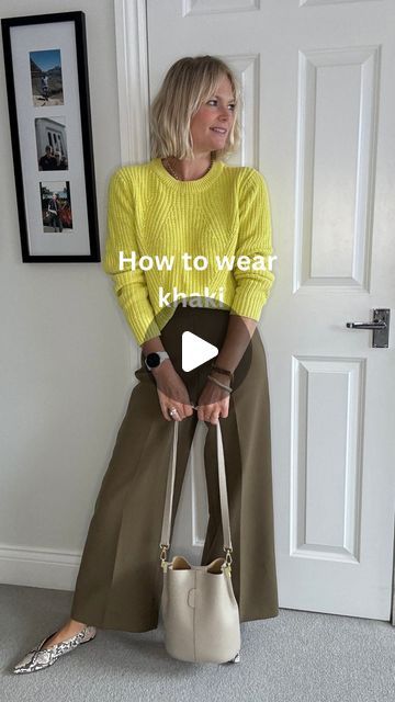 Claire Lopez on Instagram: "Khaki …  It’s one of the colours (along with 🍇 tones ) that is everywhere in the shops this season so I thought I’d show you some of the colours you can pair it with, using pieces from my wardrobe and one or two new bits.   Watch to the end to see all the options I’ve put together and let me know which is your favourite colour combo? 🌈  If you weren’t sure how to wear then hopefully this will give you lots of ideas on pairings. Obviously there are lots more but I was just limited by what I had in my wardrobe! 📌📌📌 for outfit inspo and another great workwear trouser option for those of you after work ideas with various outfit ideas too.   Links to current will be on stories along with try ons of all things khaki and saved in my September highlight.  Also look Colours That Go With Khaki Green, Slacks And Sweater Outfit, Khaki Trouser Outfit Women, Khaki Outfit Women, Colors That Go With Khaki, Khaki Trousers Outfit, Smart Dressing, Leopard Kitten, Khakis Outfit