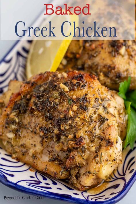 Baked Greek Chicken Greek Chicken Tray Bake Recipes, Greek Chicken Rub, How To Make Greek Chicken, Greek Chicken In Oven, Greek Chicken Oven, Greek Chicken Dinner Recipes, Mediterranean Chicken Recipes Baked, Baked Greek Chicken Breast, Chicken Thigh Recipes Greek