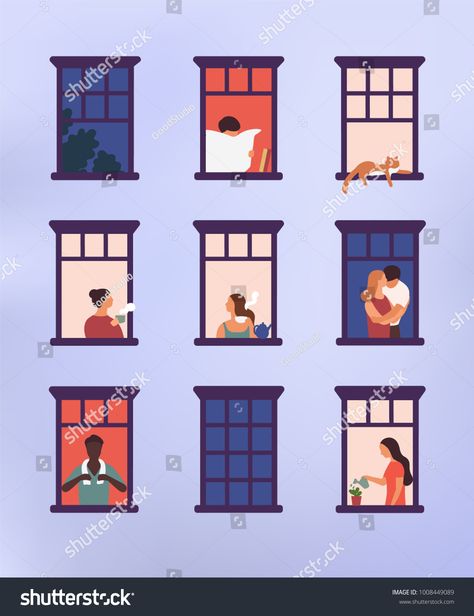 Windows with neighbors doing daily things in their apartments - drinking tea, talking, watering potted plant, hugging or cuddling, reading newspaper. Colorful vector illustration in modern flat style.talking#tea#watering#plant Window Illustration, Reading Newspaper, School Murals, Architecture People, Wall Murals Painted, Renzo Piano, Workout Chart, Modern Flat, Window View