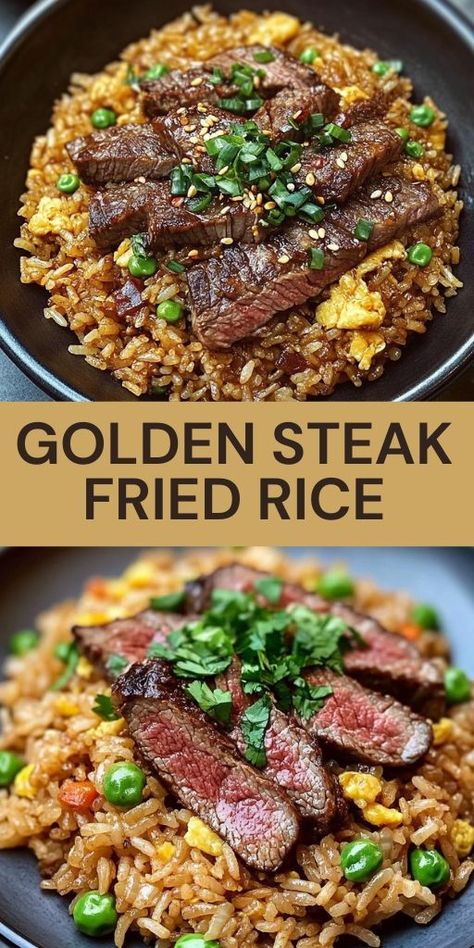 Looking for a dinner idea that’s full of flavor and protein? Try this Golden Steak Fried Rice! 🍚🥩 This easy fried rice recipe combines tender steak, golden eggs, and savory seasonings for a satisfying one-pan meal. Ready in under 30 minutes, it’s perfect for busy weeknights or a quick family dinner. Pair it with your favorite Asian-inspired sides for a complete feast. #GoldenSteakFriedRice #FriedRiceRecipe #EasyDinnerIdeas #AsianFusion 🍳 Steak Fried Rice Recipe, Combination Fried Rice, Steak Fried Rice, Steak Stirfry Recipes, Steak Sauce Recipes, Best Rice Recipe, Asian Steak, Easy Fried Rice, Beef Fried Rice