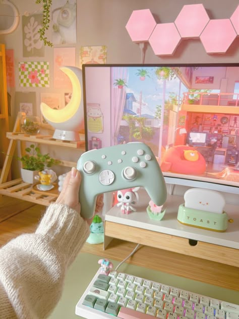 Mint Gaming Setup, Cozy Gamer Room Aesthetic, Soft Gaming Aesthetic, Gaming Aesthetic Girl, Nintendo Switch Gaming Setup, Cute Gaming Set Up, Girly Gaming Room, Gaming Controller Aesthetic, Cosy Gaming Setup