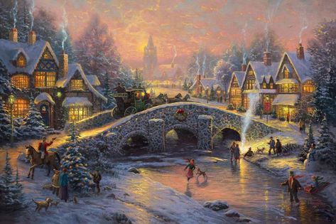 A Winter Wonderland | Mozart's Children Thomas Kinkade Christmas, Whimsical Cottage, Spirit Of Christmas, Holiday Icon, Stone Bridge, Currier And Ives, Thomas Kinkade, Classic Holiday, Christmas Wallpaper