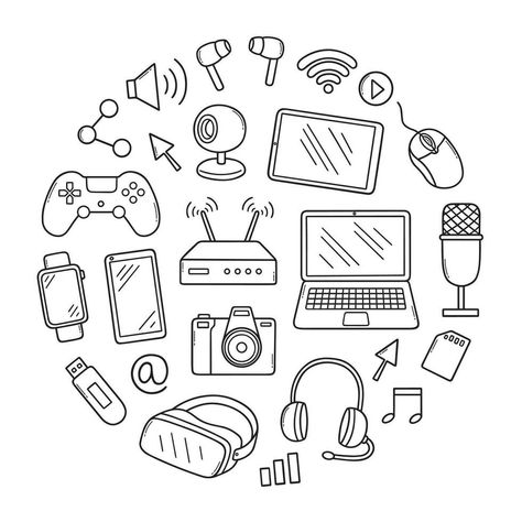 Gadgets doodle set. Keyboard, headphones, computer mouse, watch, in sketch style. Hand drawn vector illustration isolated on white background Laptop Drawing, Bg Poster, Mouse Logo, Computer Drawing, Book Art Projects, Computer Gadgets, Cats Art Drawing, Naruto Sketch, Mouse Computer