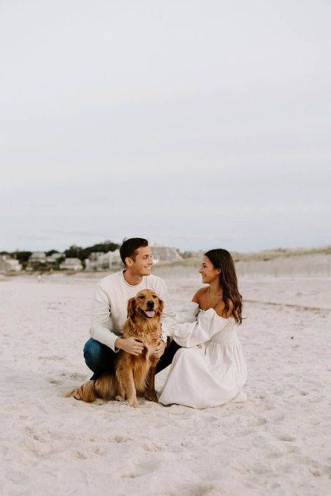 Engagement Photoshoot Ideas Beach With Dog, Beach Engagement Shoot With Dog, Couple And Dog Photoshoot Beach, Beach Engagement Shoot Ideas, Casual Summer Engagement Photos, Engagement Photos Outfits Summer Beach, Nantucket Engagement Photos, Beach Pictures Engagement, Beach Engagement Photos Casual