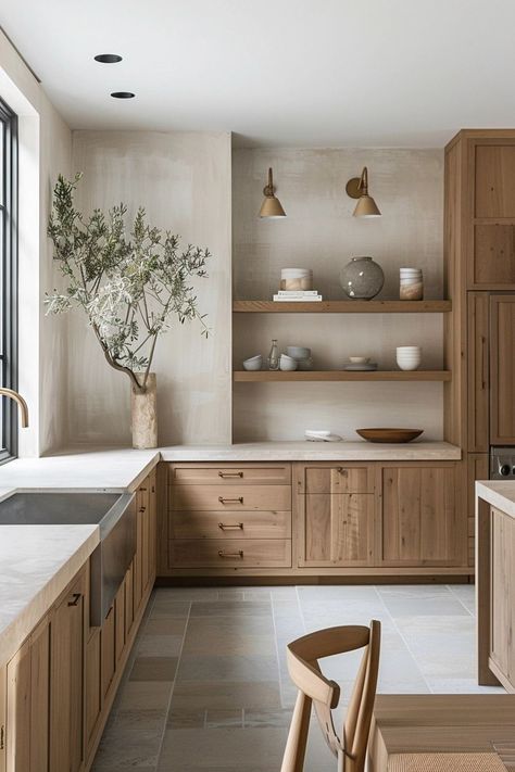 Contemporary Kitchen White Cabinets, Beech Wood Cabinets Kitchens, Modern Wood Kitchen Cabinet, Kitchen With White And Wood Cabinets, Organic Kitchen Backsplash, White Oak Modern Kitchen, Cabinets White And Wood, Modern Organic Kitchen Design, Kitchen Wood And White