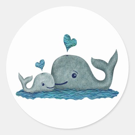 Whale Mom and Baby Swimming in the Sea Classic Round Sticker Baby Room Paintings, Whale Pictures, Sea Creatures Art, Swimming In The Sea, Whale Painting, Whale Illustration, Jonah And The Whale, Baby Whale, Elephant Trunk