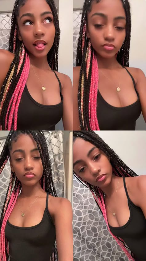 Black Blonde Pink Braids, Pink Blond And Black Braids, Black Pink And Brown Braids, Pink And Black Mixed Braids, Black Pink Blonde Braids, Valentines Day Knotless Braids, Pink And Blonde Hair Black Women Braids, Pink Black And Blonde Braids, Black Braids With Pink Underneath