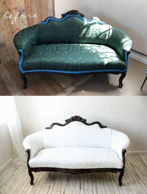 Antique Couch Makeover, Victorian Couch Makeover, Antique Couch Reupholstered, Antique Couch Wedding, Victorian Couch Living Room, Antique Couch Living Room, Old Sofa Makeover Ideas, Couch Remodel, Paint A Couch