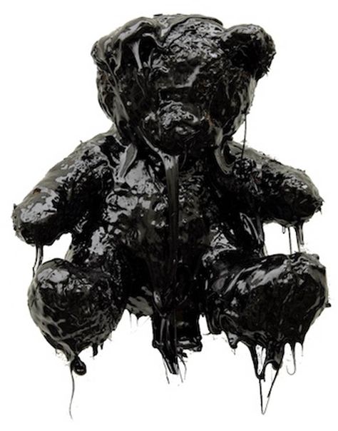 Black Tar Teddy Bear Sean Price, The Boogeyman, Oil Spill, A Teddy Bear, Sculpture Installation, Good Omens, Environmental Art, Black Mirror, The Dark Side