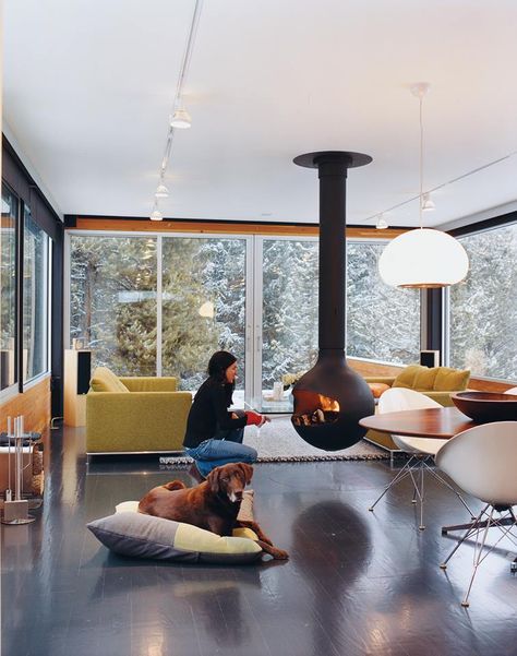 The Jetsons Fireplace! Suspended Fireplace, Hanging Fireplace, Dwell Magazine, Room Fireplace, Cabin Inspiration, Freestanding Fireplace, Ski House, Fire Places, Winter Cabin