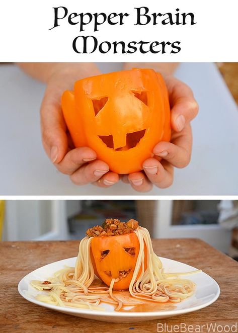 Pepper Brain Monster - The healthy Halloween Food Kids Adore Brain Monster, Menu Halloween, Halloween Appetizers Easy, Healthy Halloween Food, Kids Halloween Food, Spooky Food, Halloween Party Snacks, Fun Halloween Food, Easy Halloween Food