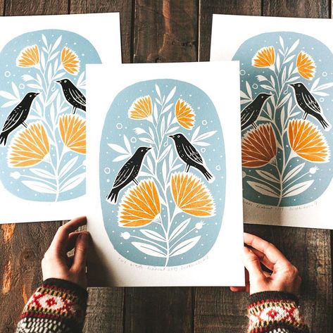 Finally I made previous linocut in new colors which you guys have selected! Thank you so much for advice, I think it turned out lovely. I'm… | Instagram Linoleum Print, Linocut Printmaking, Lino Art, Stamp Carving, Relief Printing, Linocut Art, Scandinavian Folk Art, Monoprint, Lino Print