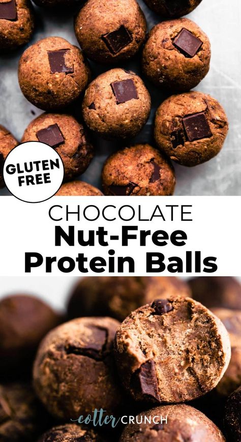 These Chocolate Nut Free Protein Balls are packed with health benefits from dates, and chocolate plant protein. Delicious and chewy, these no-bake bites are the perfect healthy gluten-free, nut-free, dairy-free lunchbox treat, post-workout snack, or afternoon pick-me-up! Make them in advance to enjoy throughout the week. Nut Free Protein Balls, Nut Free Breakfast, Chocolate Protein Balls, Nut Free Snacks, Snack Balls, Protein Balls Recipes, Gluten Free Protein, Sugar Free Sweets, Healthy Nuts