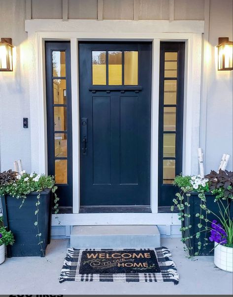 Blue Entry Door, Dark Blue Front Door, Blue Craftsman, House Doors Colors, Front Door Sidelights, Navy Front Door, Entry Remodel, Craftsman Front Door, Exterior Door Styles