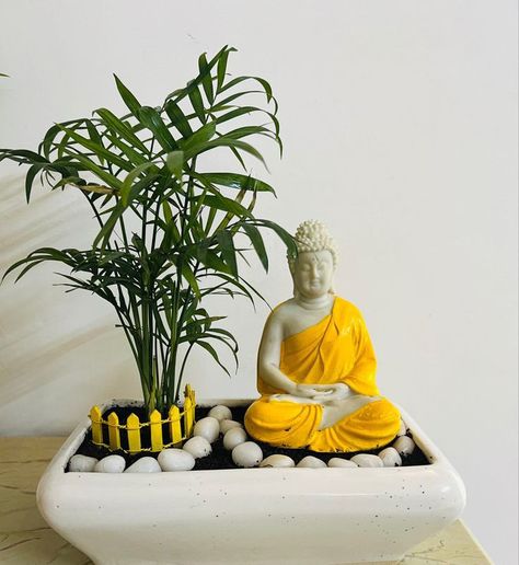 #Sharmili Baruah Buddha Corner Decor, Buddha Statue Decor, Miniature Garden Diy, Buddha Garden Ideas, Buddha Home Decor, Miniature Zen Garden, Mini Zen Garden, Indian Room Decor, Buddha Garden