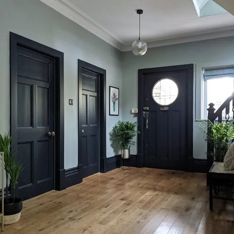 Misted Green, Edwardian Hallway, Hallway Colour Schemes, Hallway Paint Colors, Black Interiors, Going Dark, Hallway Paint, Victorian Hallway, Oval Room Blue