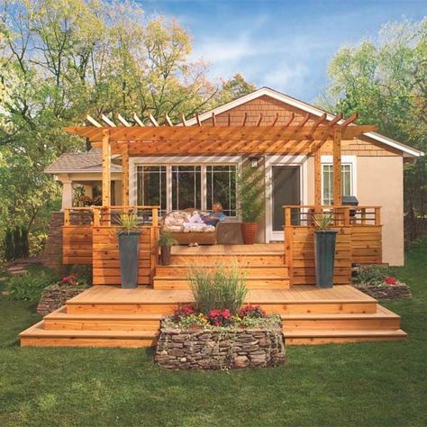 Dream Deck Plans - Summary | The Family Handyman Tropical Patio, Balkon Decor, Cedar Pergola, Dream Deck, Wooden Deck, Deck Designs Backyard, Garden Plans, Small Deck, Deck Plans