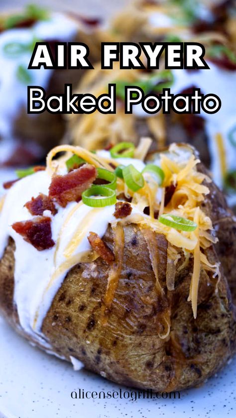 Air fryer baked potato with sour cream, bacon bits, and green onions. Leftover Baked Potatoes, Baked Potato Microwave, Baked Potato Recipe, Baked Potato Toppings, Exciting Recipes, Air Fryer Baked Potato, Perfect Baked Potato, Making Baked Potatoes, Microwave Baking