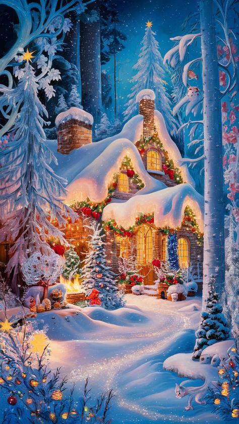 Step into a magical winter scene with this Christmas art print, featuring a cozy cottage adorned with twinkling lights and surrounded by frosted pine trees. Experience the warmth of the holiday spirit captured through soft Impressionist brush strokes and Art Nouveau floral patterns. Delight in playful woodland creatures peeking through the snow, making this enchanting print perfect for your festive decor. #ChristmasArt #WinterWonderland #Impressionism Christmas Snow Scenes Winter Wonderland, Cozy Cottage Christmas, Art Nouveau Floral Pattern, Snow Making, Christmas Art Print, Winter Retreat, Art Deco Artwork, Merry Christmas Wallpaper, Merry Christmas Pictures